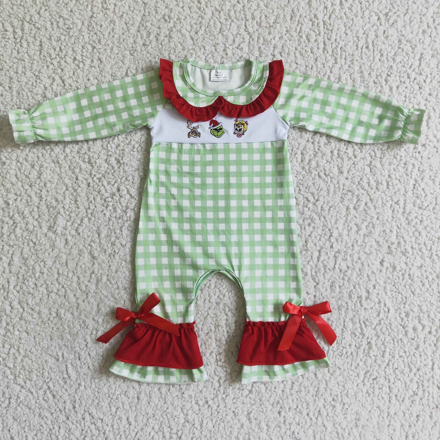 LR0018 infants girl green white plaids long sleeve romper kids christmas jumpsuit with bow