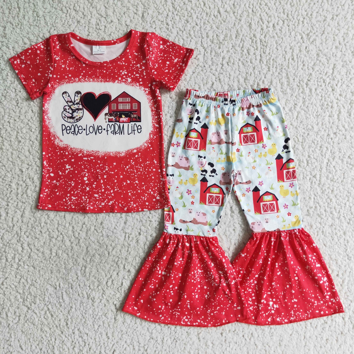 B12-23 girl red short sleeve with peace -love - farm life letter and flare pants set