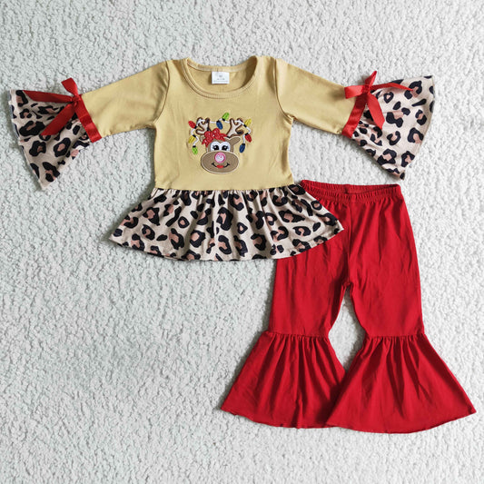 GLP0011 girl flare long sleeve top with deer embroidery cotton red bell pants christmas set