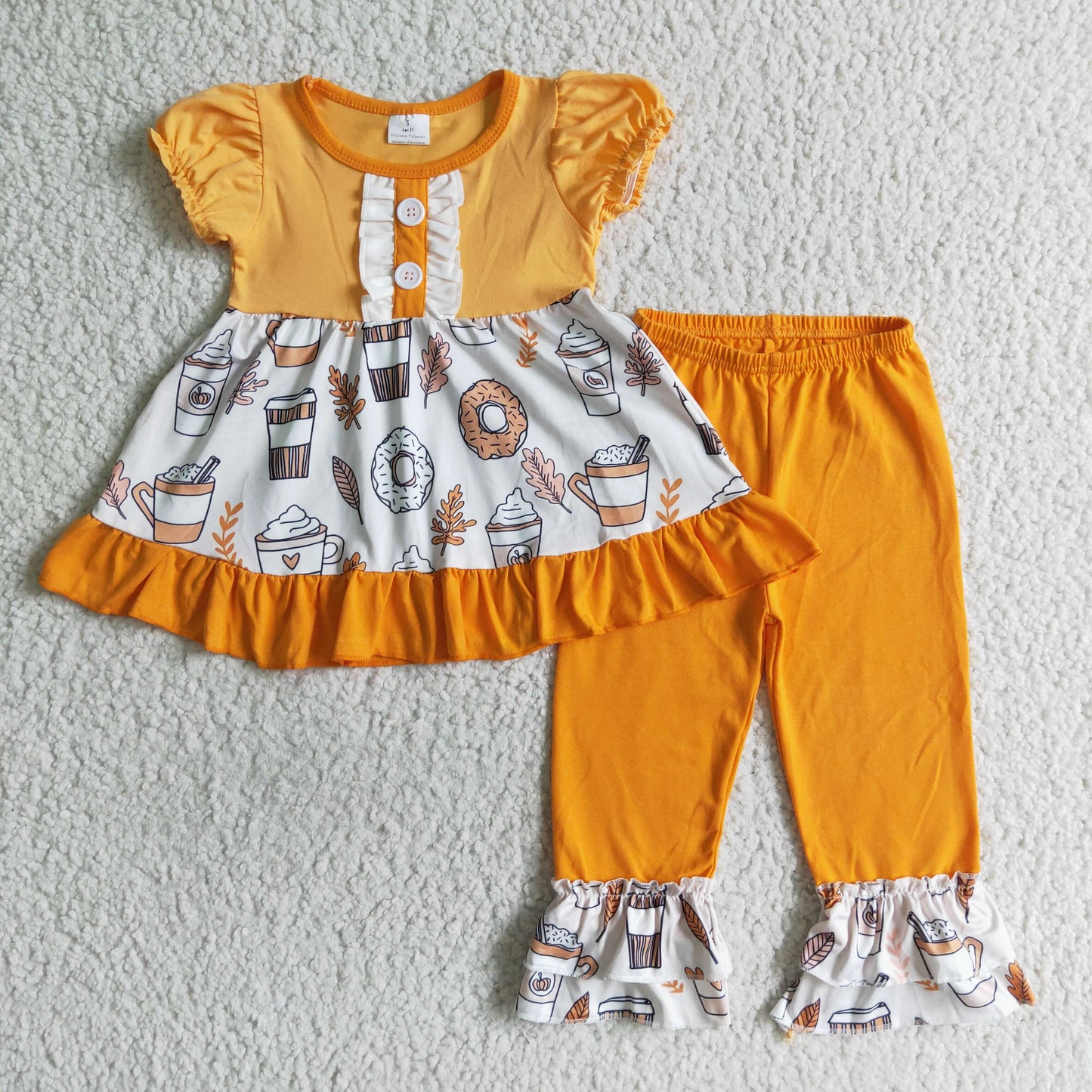 GSPO0123 girl orange puff sleeve top match stitching ruffle pants outfit with button