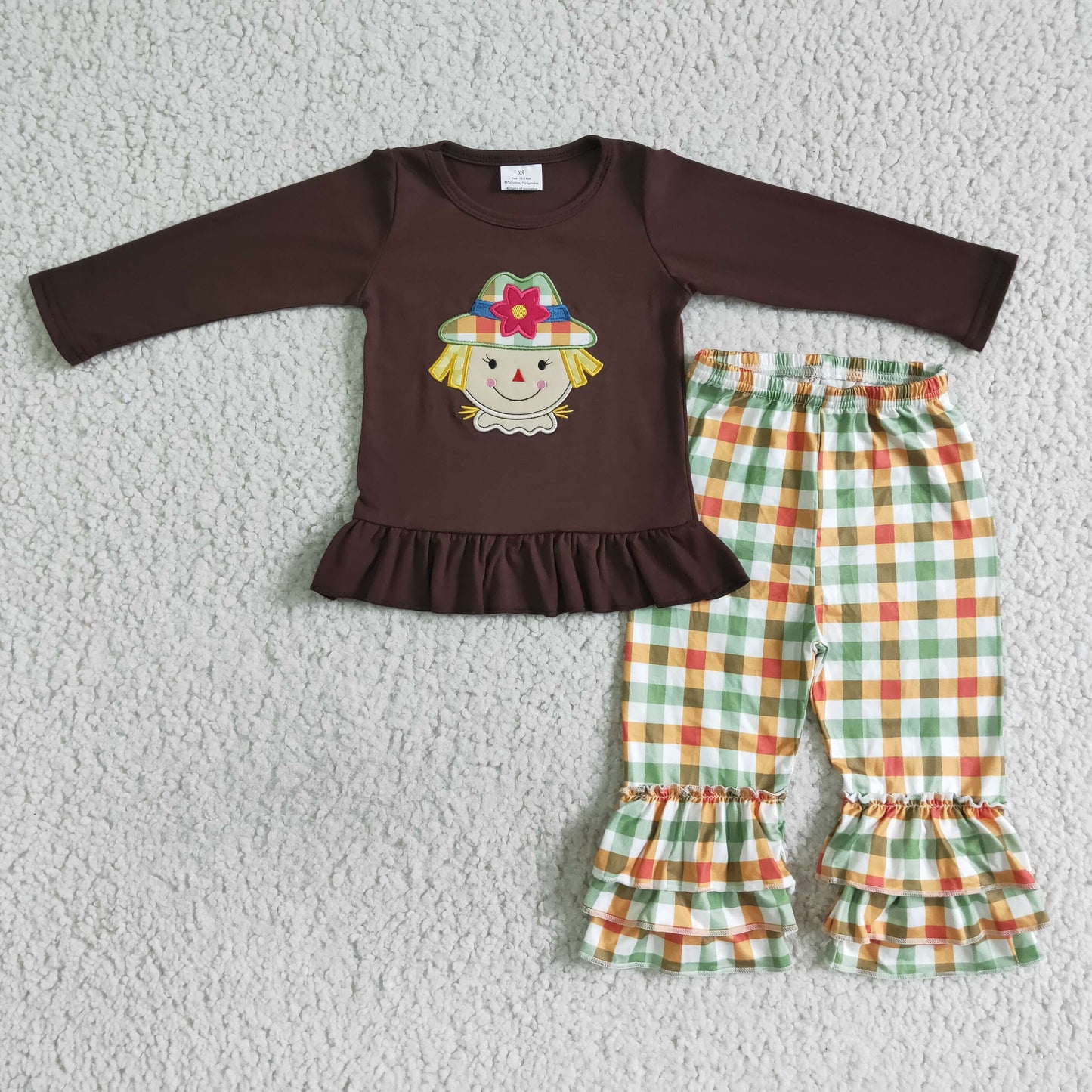 GLP0058 girl brown cotton embroidery long sleeve top match plaids ruffles pants for autumn