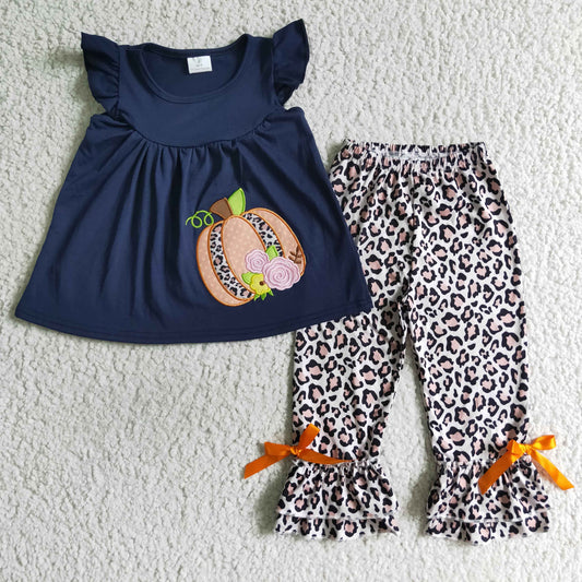 GSPO0133 girl navy blue cotton short sleeve top leopard flare pants with bows for halloween