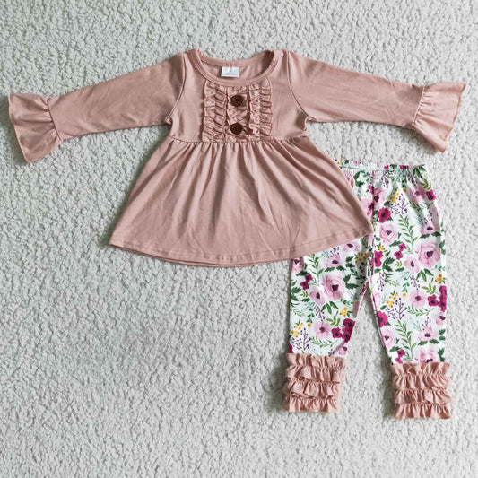 6 A4-13 girl pink cotton long sleeve top flowers pattern icing ruffles pants set for autumn