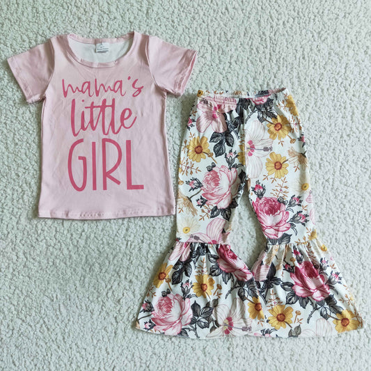 GSPO0153 mama's little girl pink short sleeve top match flowers bell pants 2pieces set