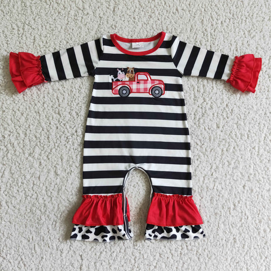 LR0015 baby girls long sleeve black and white stripes romper infants farm embroidery jumpsuit