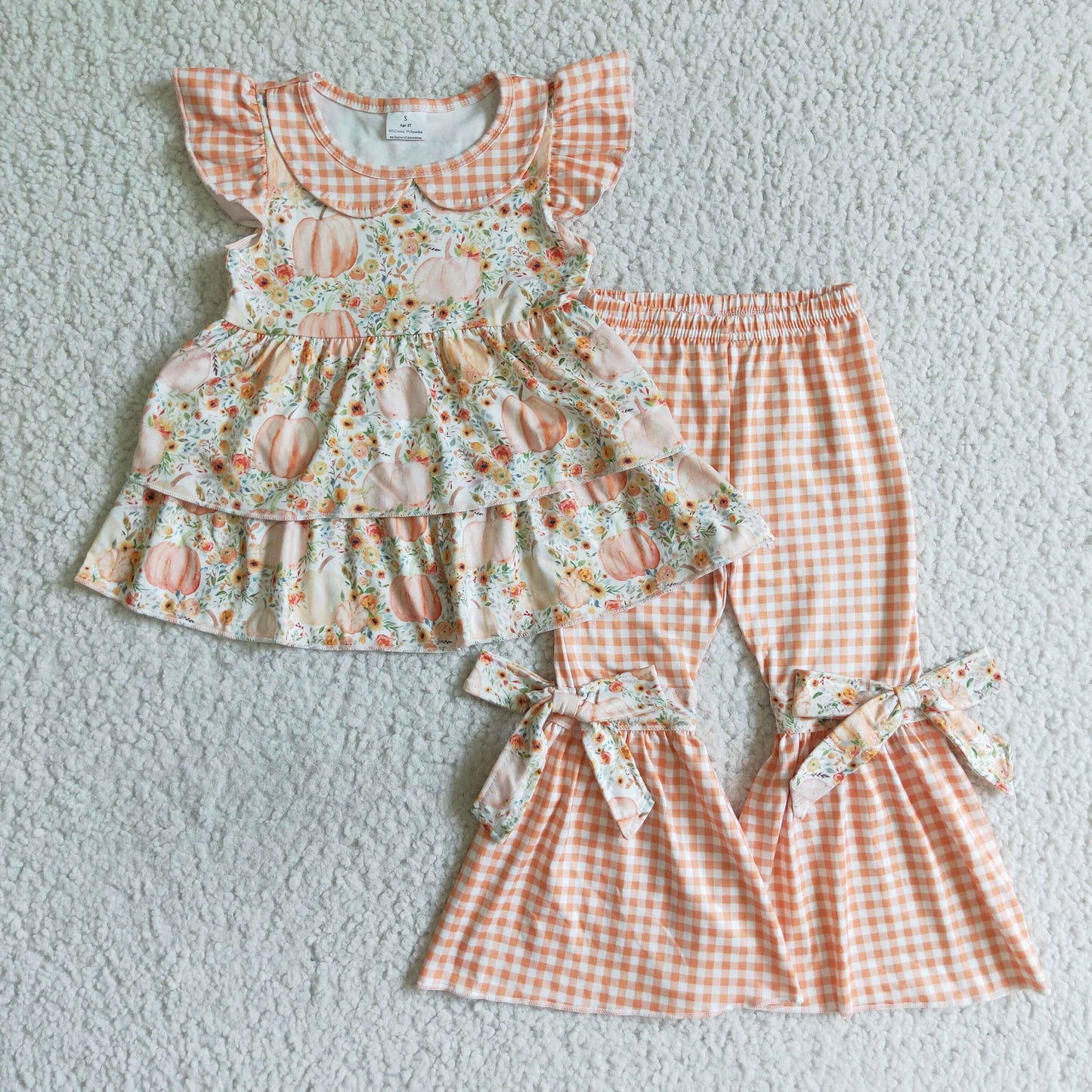 GSPO0124 girl pumpkin and flowers pattern short sleeve ruffles top match plaids bell pants with bows