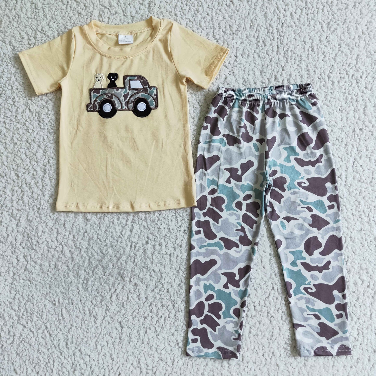 BSPO0014 boy light yellow cotton truck and dogs embroidery top camo long pants suit