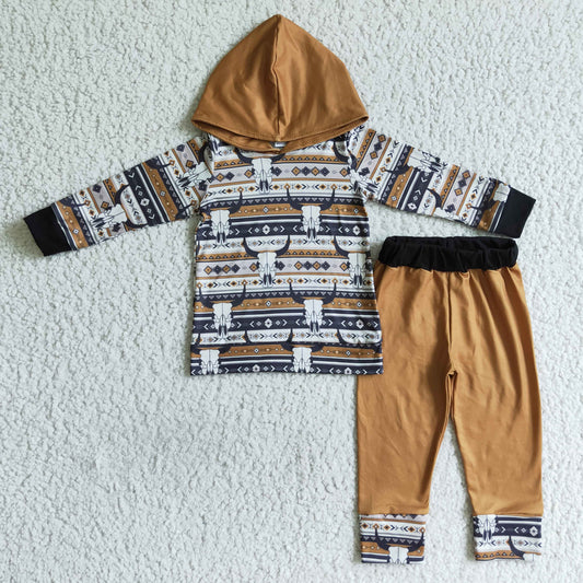 BLP0029 boy cow pattern long sleeve hooded top and brown elastic waist pants for autumn winter