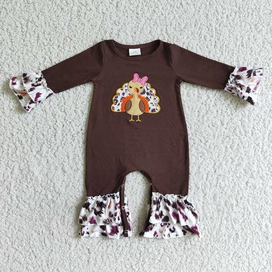 LR0038 thanks giving day infants turkey embroidery long sleeve romper girl brown cotton jumpsuit
