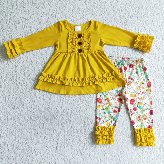 6 A24-1 girl yellow cotton icing ruffle long sleeve top match flowers print pants set