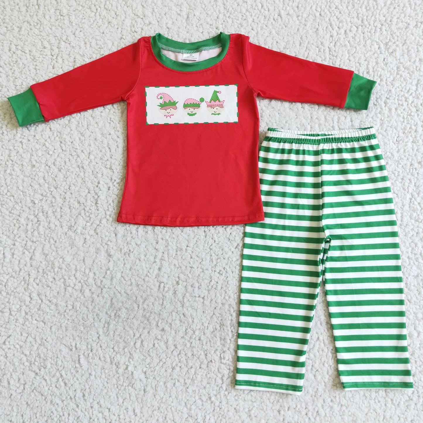 BLP0011 boy christmas red cltton top and green white stripes pants set