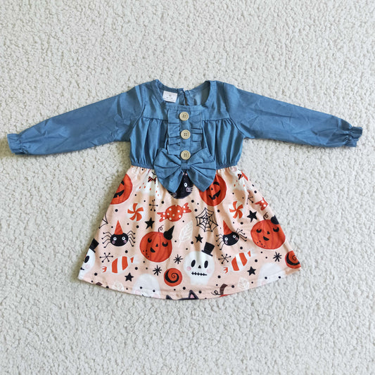 GLD0039 girl pumpkin milk silk and soft denim fabric stitching long sleeve dress with bow