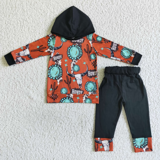 BLP0031 boy cow and cactus hoodie match black pants 2pieces set