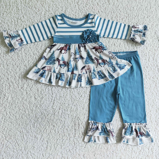 GLP0019 girl autumn stripe long sleeve top and blue ruffle pants 2pieces set with horse pattern