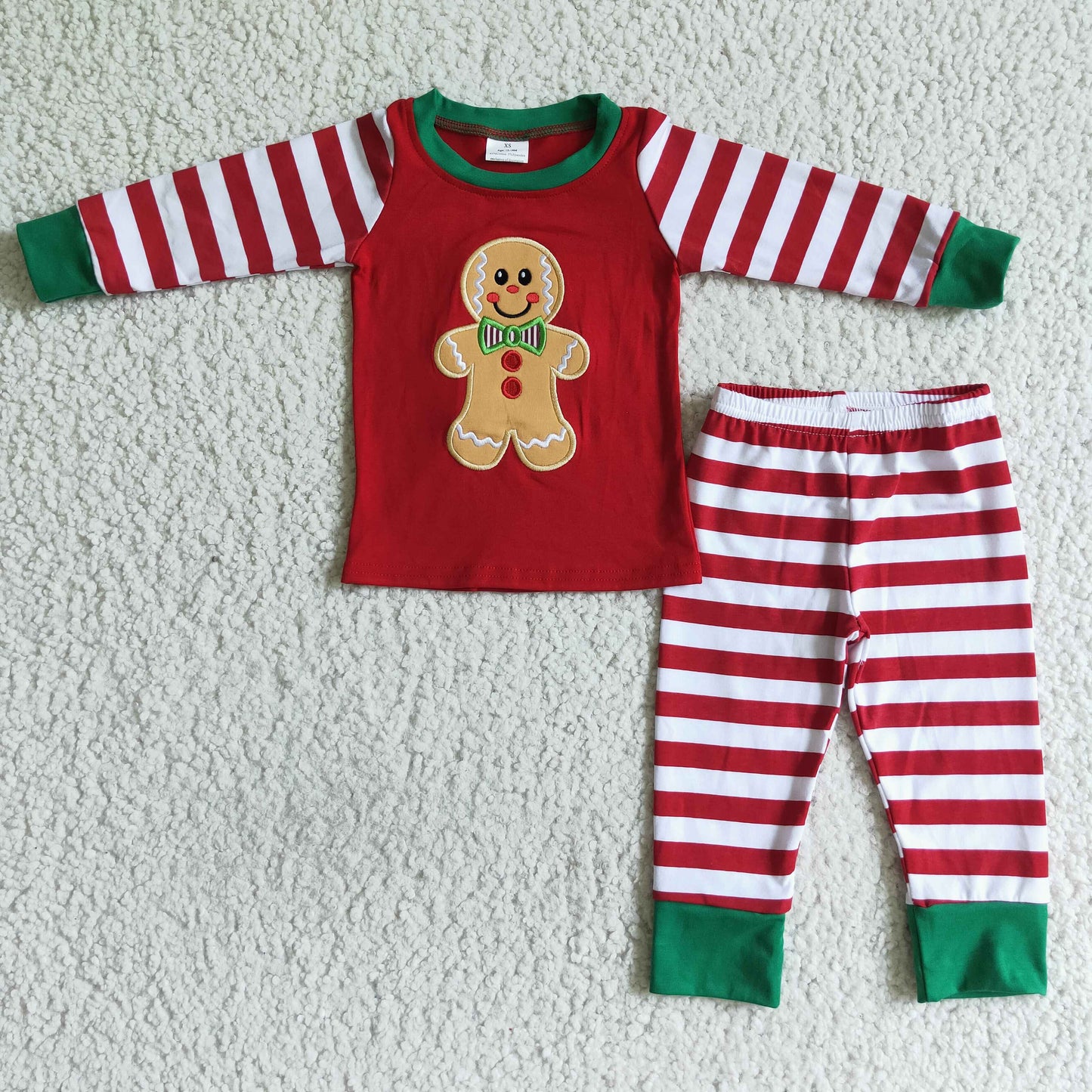 6 A18-15 boy christmas gingerbread embroidery top match stripes pants set