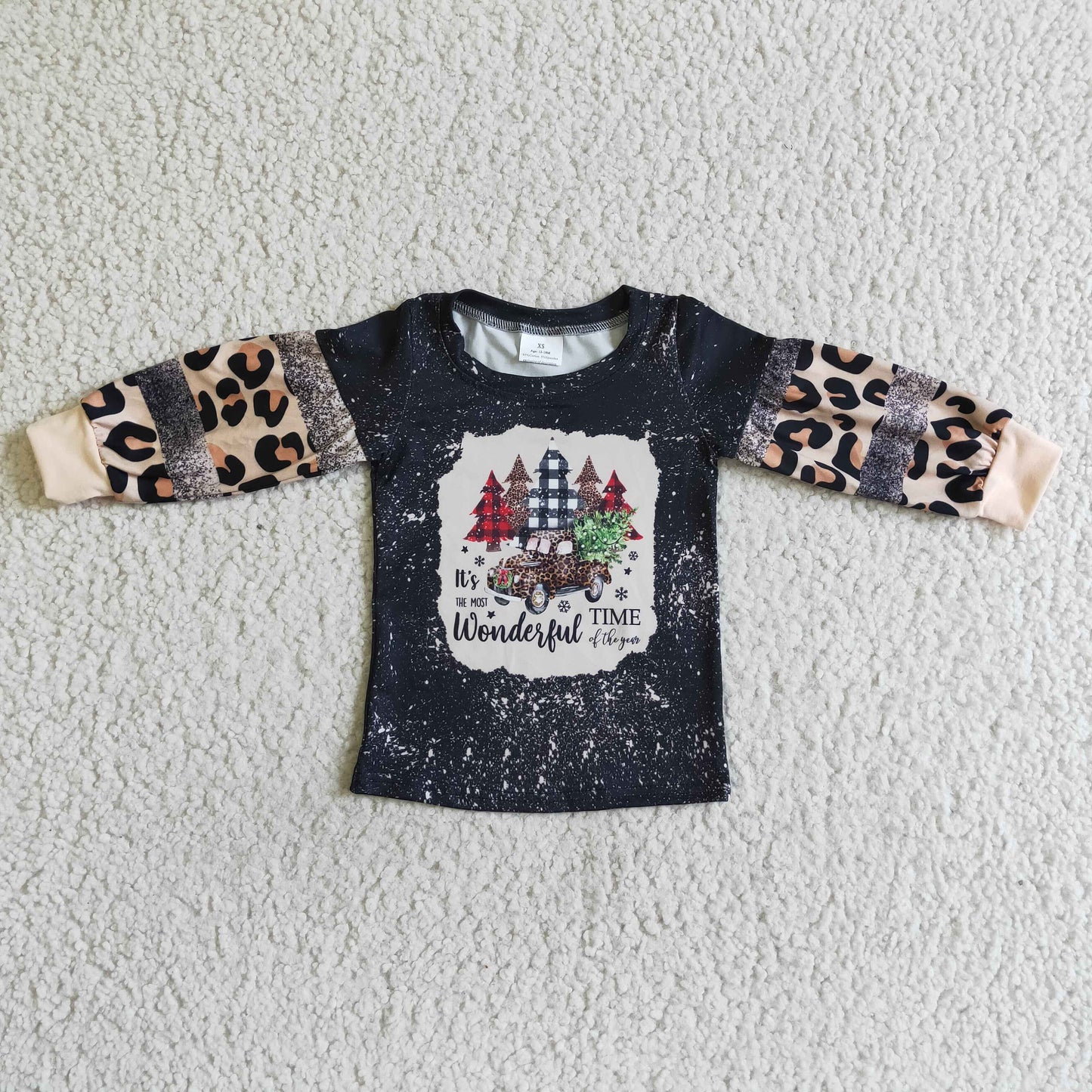 BT0037 boy and girls long sleeve black top with christmas tree and bus pattern