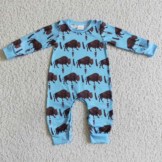 LR0057 infants blue long sleeve romper boy highland cow pattern jumpsuit