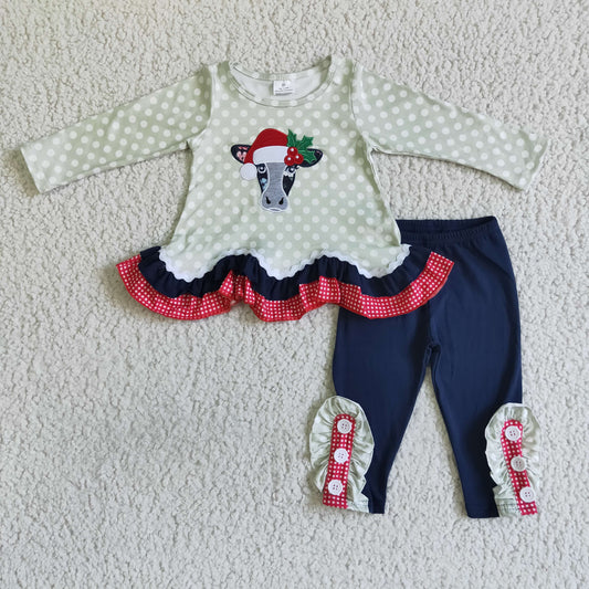 GLP0036 girl polka dot long sleeve top match navy solid color pants with buttons for christmas