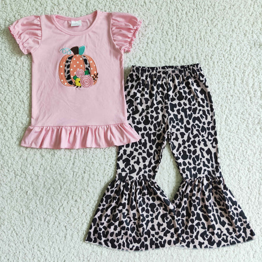 GSPO0122 girl pink cotton puff sleeve top with pumpkin and flowers embroidery match leopard bell pants