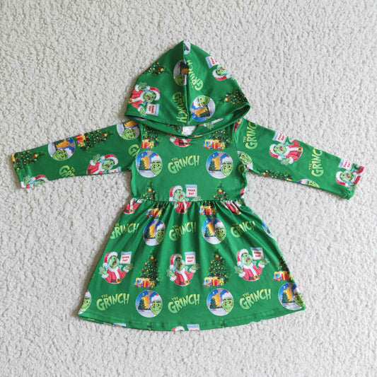 6 B10-24 girl green long sleeve hooded frock christmas fashion twirl dress