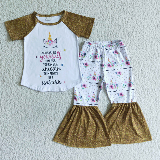 C0-22 girl gold short sleeve raglan shirt unicorn and floral pattern bell bottoms