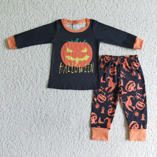 BLP0014 boy halloween letter pumpkin print long sleve pajamas set