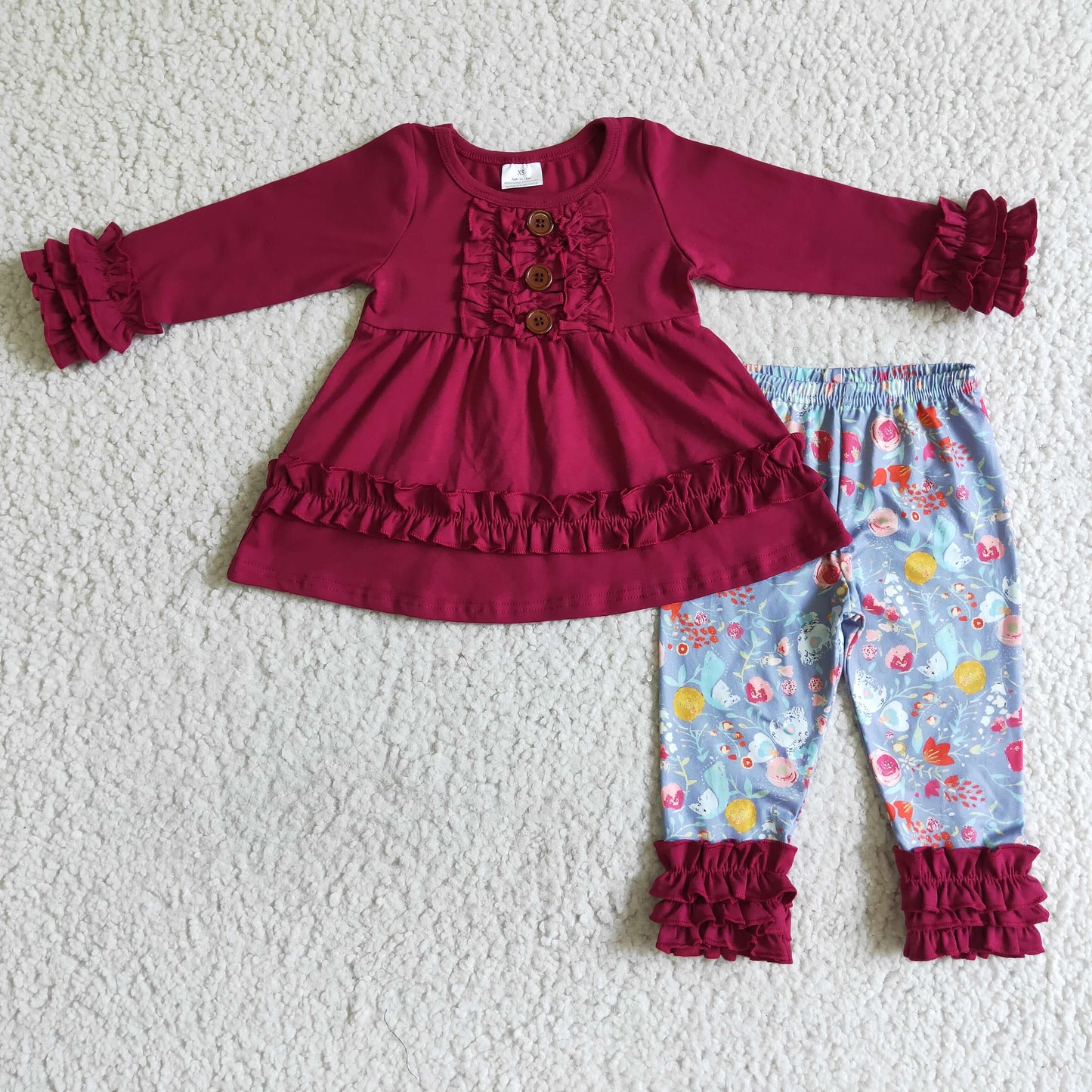 6 A26-16 girl Fuchsia cotton long sleeve top match flowers print icing ruffle pants for autumn