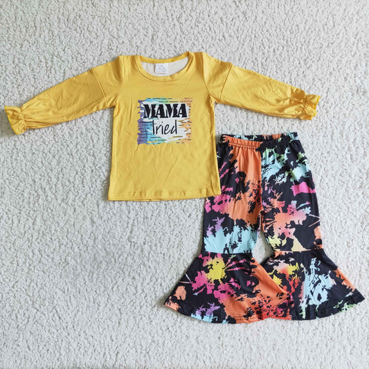 6 A22-15 girl yellow long sleeve top and tie-dye bell bottoms autumn kids outfit