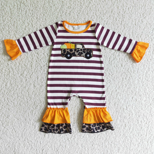 LR0007 autumn baby girls stripes long sleeve romper with pumpkin embroidery