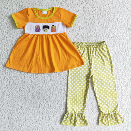 GSPO0119 girl orange cotton short sleeve top with pumpkin embroidery match polka dot ruffle pants