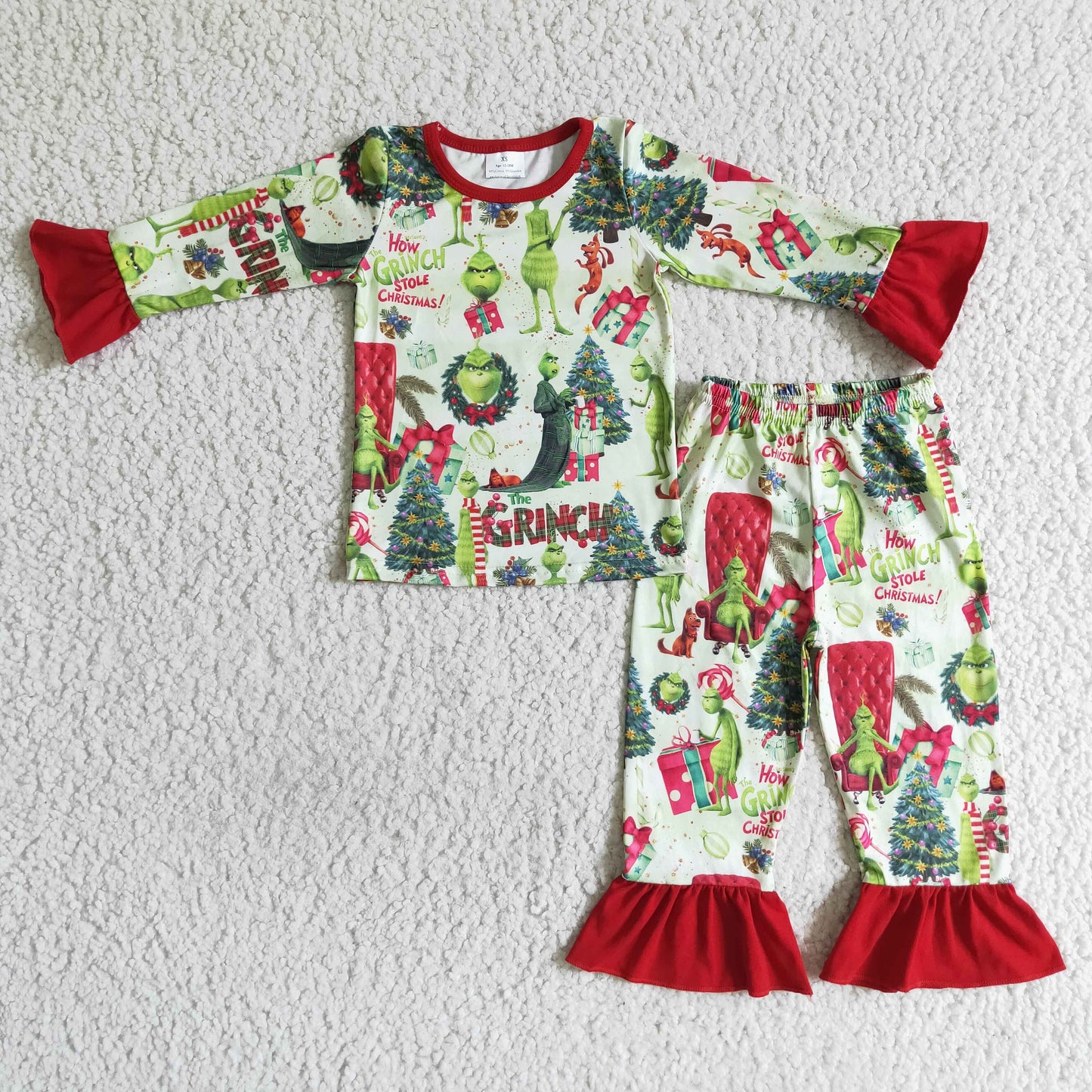 GLP0142 girl long sleeve ruffle top and elastic waist pants pajamas set kids christmas tree outfit