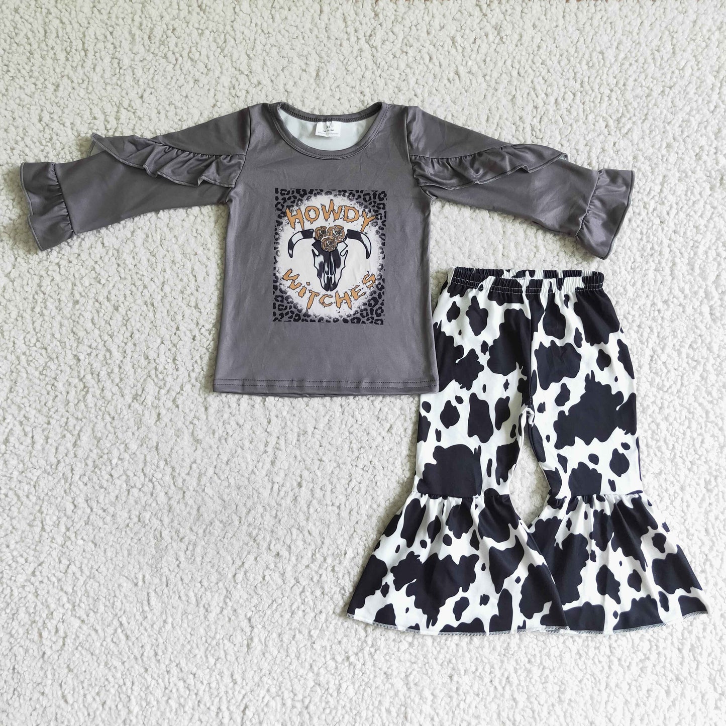 GLP0102 girl gray ruffle long sleeve blouse match milk cow print pattern bell pants 2pieces set