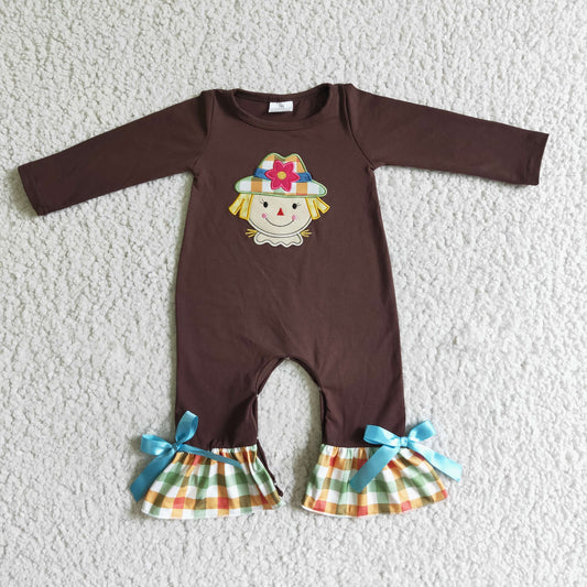 LR0035 baby girls brown cotton long sleeve embroidery romper with bow