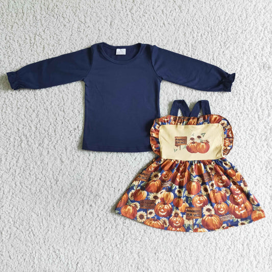 GLD0031 halloween girl navy blue cotton long sleeve shirt match pumpkin pattern dress 2pieces set