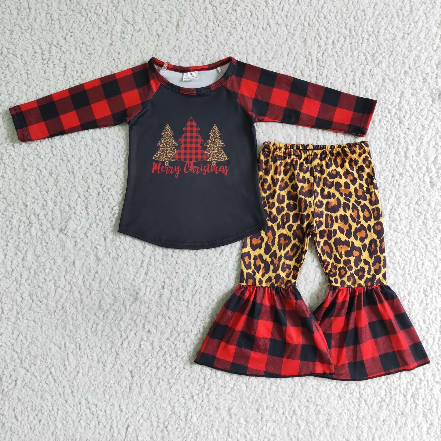 6 B12-38 girl plaid long sleeve raglan shirt with christmas trees match leopard flare pants set