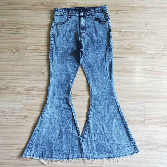 P0011 adult high quality denim bell bottoms women solid color and stripes zipper jeans with pockets