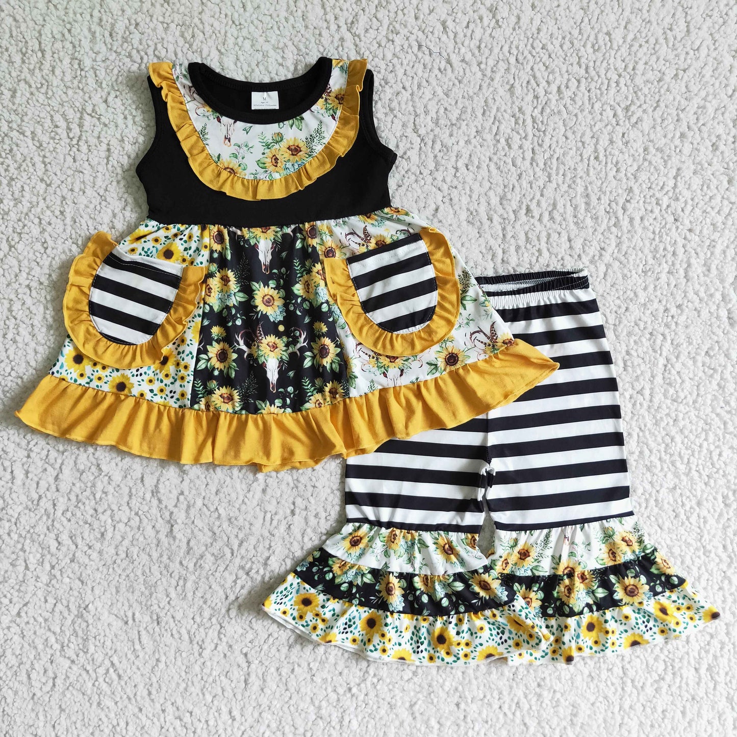 A6-15 girl summer sleeveless pockets top match stripes and sunflowers pattern stitching pants