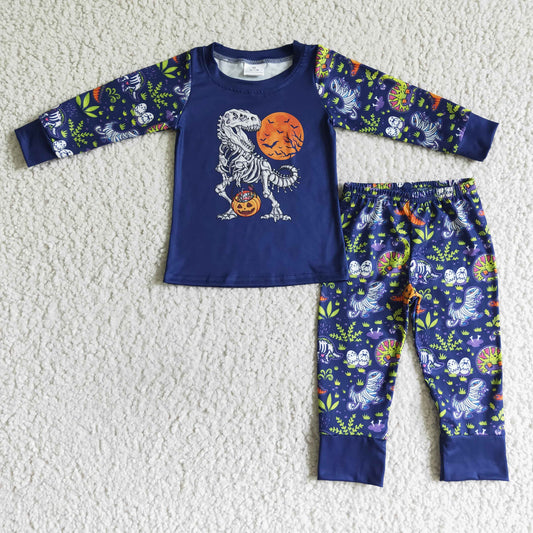BLP0025 boy halloween long sleeve dinosaur and pumpkin pattern pajamas set