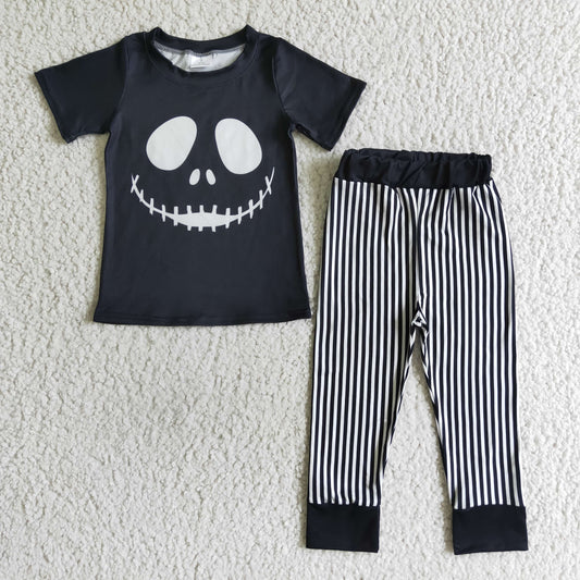 BSPO0023 boy black short sleeve top match stripes pants 2pieces set halloween kids outfit