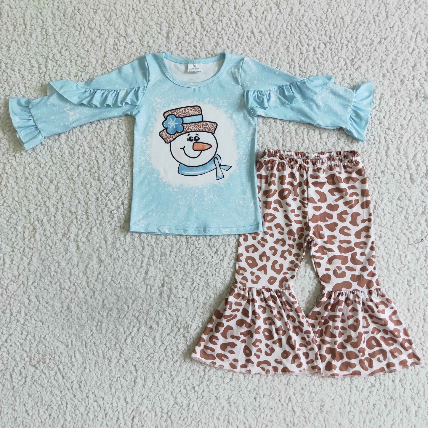 GLP0093 winter snowman print blue top leopard elastic waist bell pants outfit