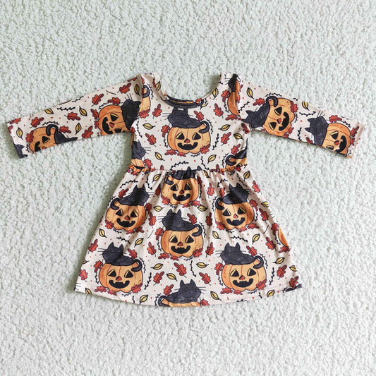 GLD0065 girl long sleeve o-neck frock halloween pumpkin and leaves pattern dress