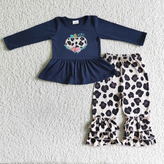 GLP0037 girl navy blue cotton long sleeve top and leopard ruffle pants halloween pumpkin embroidery outfit