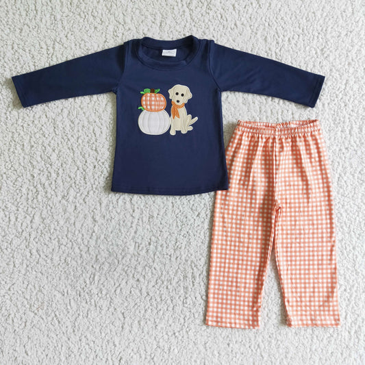 BLP0038 boy cotton long sleeve top match plaids pants with embroidery pumpkins