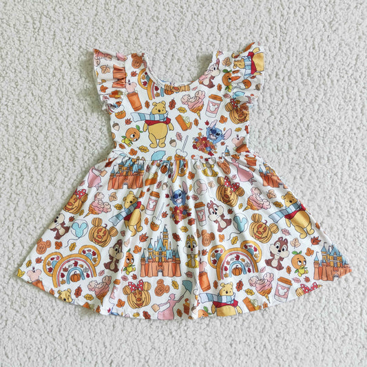 GSD0134 girl flutter sleeve halloween twirl dress with pumpkin pattern