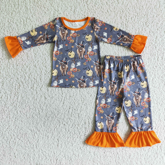 GLP0111 halloween pumpkin and highland cow pattern pajamas set with orange ruffle