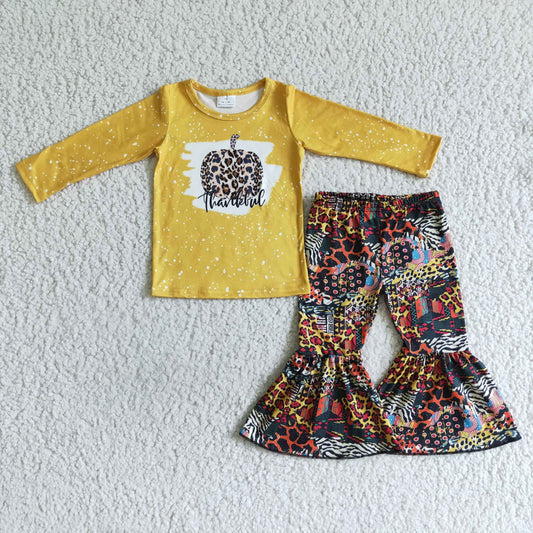 6 A3-16 girl yellow long sleeve top with leopard pumpkin and bell pants outfit thankful letter design kids clothes