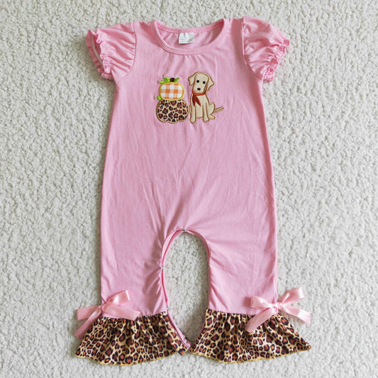SR0068 infants pink cotton puff sleeve romper girl pumpkin embroidery jumpsuit with bow