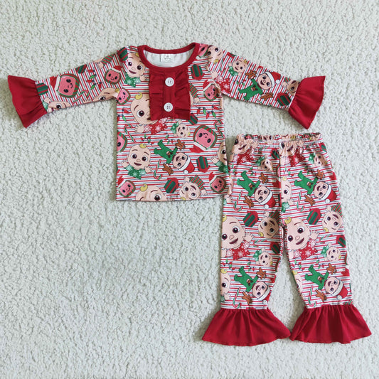 6 A6-29 girl christmas long sleeve pajamas set with red ruffle