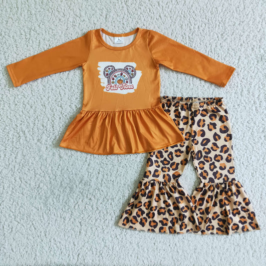 GLP0115 girl halloween orange long sleeve top and leopard bell pants outfit