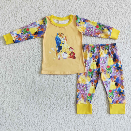 6 B8-4 girl long sleeve pajamas set with yellow o-neck